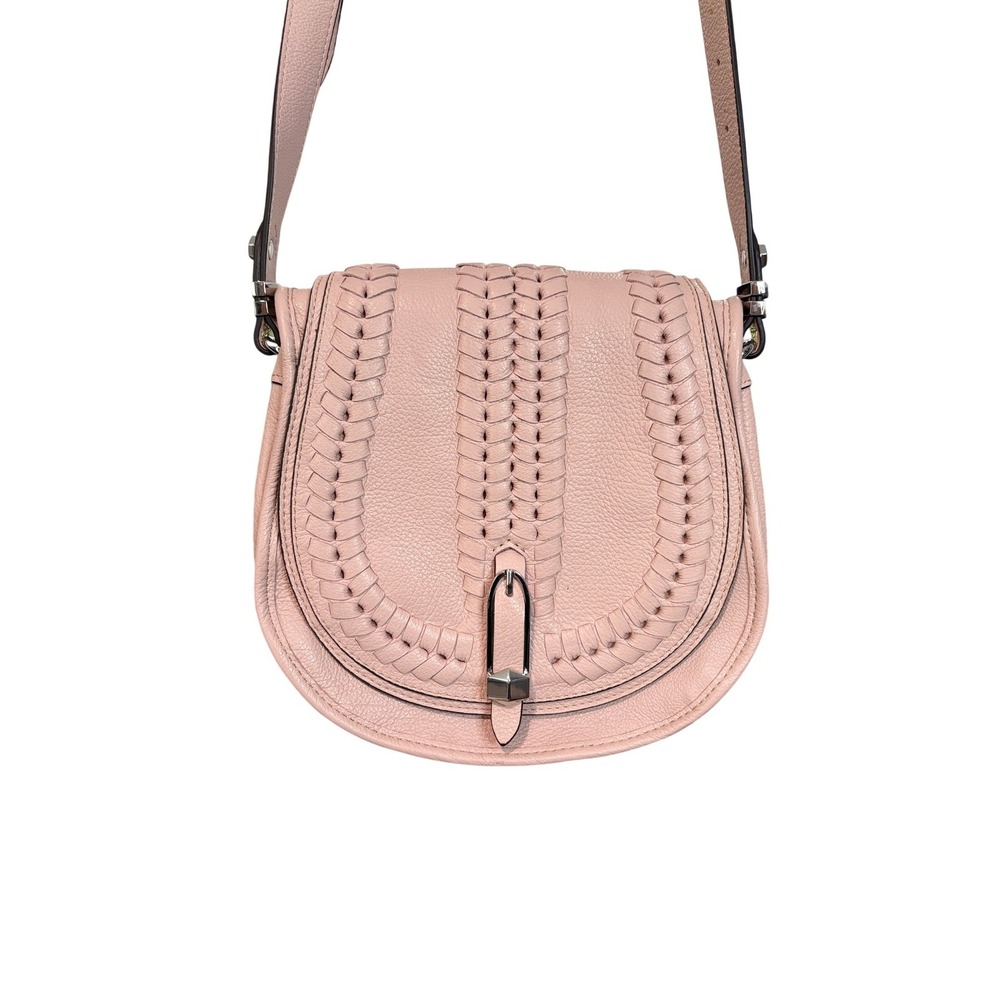 Oryany Pink Pebbled Leather Woven Whipstitch Crossbody‎ Saddle Bag